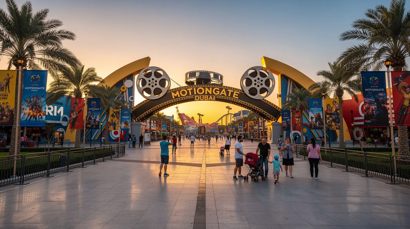 A imagem mostra o Motiongate Dubai, um parque temático inspirado em filmes, situado nos Emirados Árabes Unidos. Com atrações emocionantes e áreas temáticas, o lugar oferece uma experiência única para visitantes de todas as idades, refletindo a rica cultura e criatividade da região do Oriente Médio.
