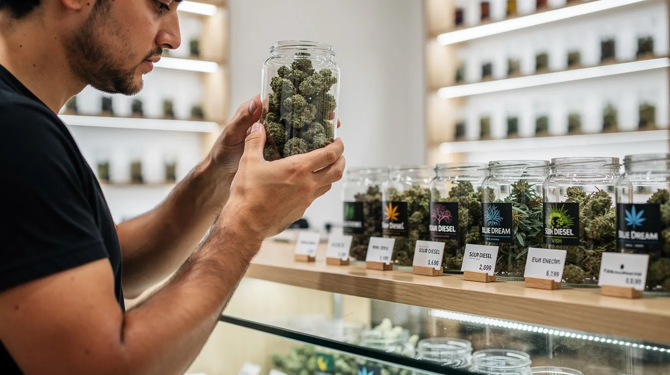 A person is closely examining various cannabis flower products at a dispensary counter, showcasing the diversity of strains available for recreational and medical use. The scene highlights the legal status of cannabis in Alaska, where licensed dispensaries offer a range of hemp-derived products under strict regulation.
