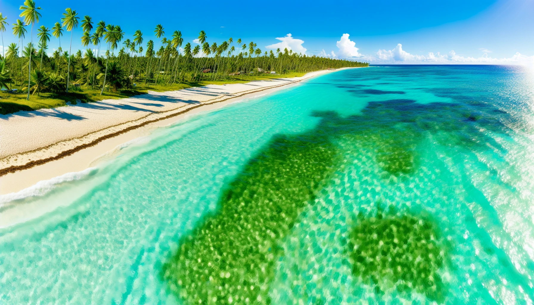 Aerial view of a tropical beach with palm trees and turquoise water. Ideal for travel enthusiasts.