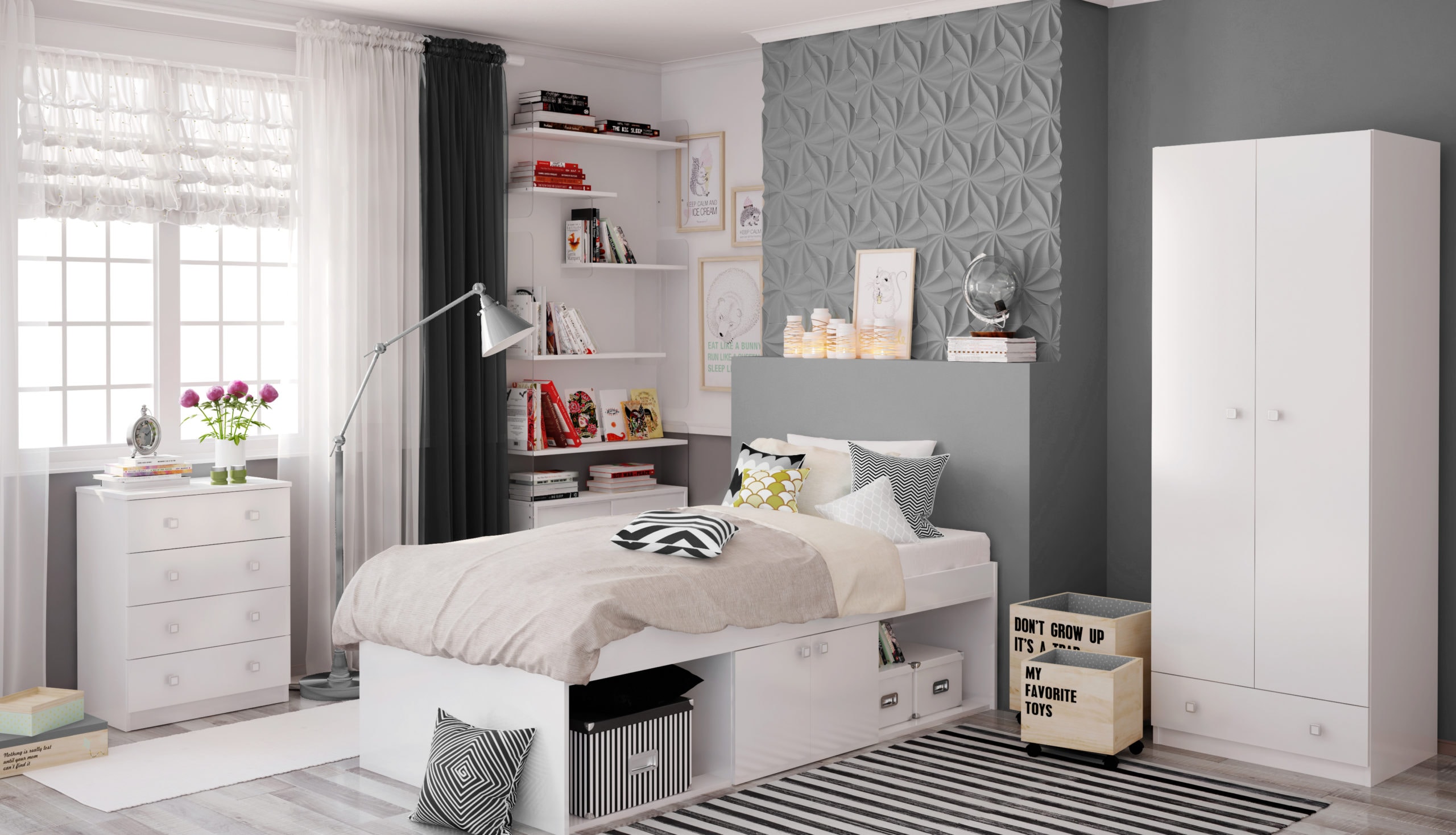 A low cabin bed in a child's bedroom