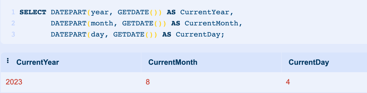 Use of DATEPART() to return year, month and day separately 
