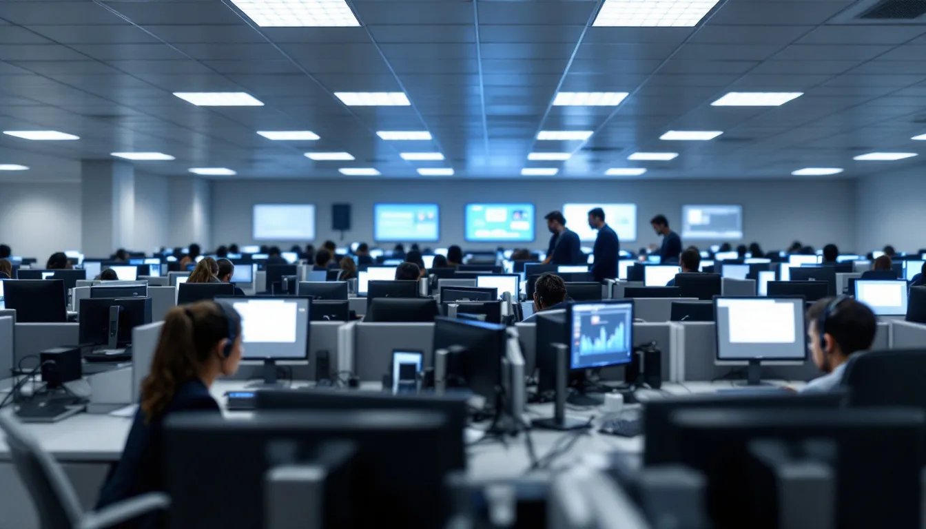 The image depicts a professional call center environment with multiple call center agents engaged in phone calls, each wearing headsets and working at computer workstations. The setup highlights the use of advanced call center software and tools aimed at improving customer satisfaction and enhancing customer interactions.