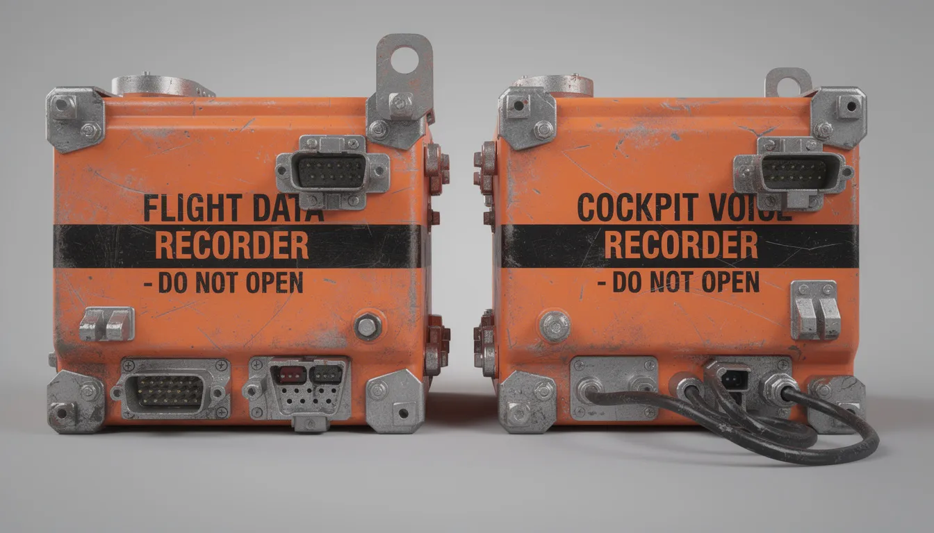 The image depicts a flight data recorder and a cockpit voice recorder, essential equipment used in aviation accident investigations by agencies like the National Transportation Safety Board and the Federal Aviation Administration. These devices play a crucial role in understanding the causes of airplane accidents and assisting aviation accident attorneys in aviation litigation cases.