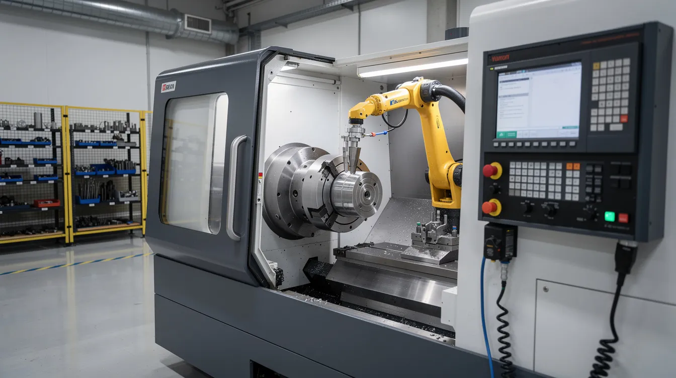 The image depicts a modern CNC turning center equipped with a robotic arm that is actively loading a titanium workpiece into the chuck, showcasing advanced industrial automation and precision machining capabilities in the manufacturing industry. This setup highlights the integration of CNC technology and machine tools for efficient and accurate machining operations.
