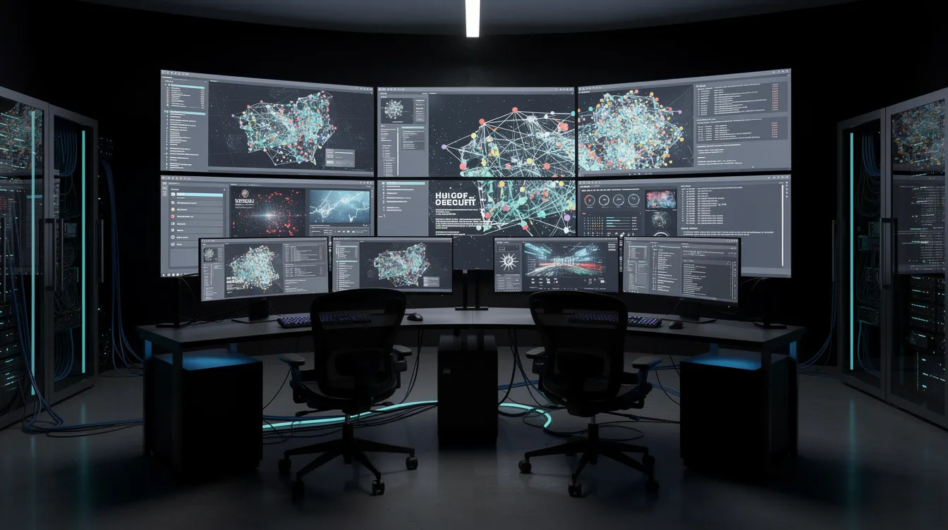 The image depicts a modern security operations center featuring large monitors that showcase intricate data visualizations and network maps within a dimly lit room. This high-tech environment is designed for cybersecurity professionals to monitor and respond to cyber threats, utilizing advanced AI systems and machine learning algorithms to enhance threat detection and incident response.