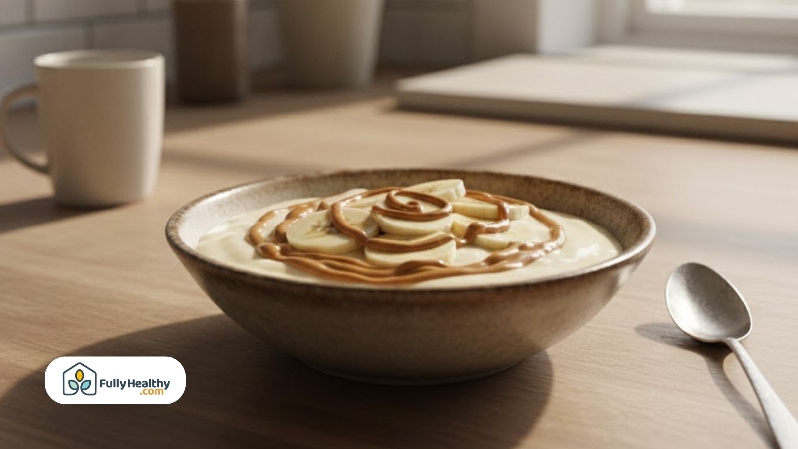 Bowl of creamy banana pudding topped with sliced bananas and a drizzle of nut butter and spoon on the side.