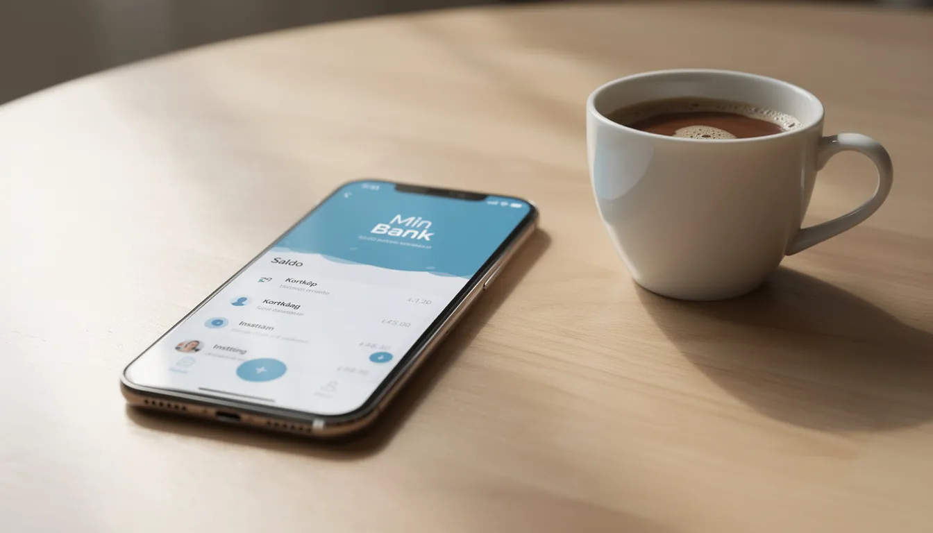 En smartphone med en öppen bankapp ligger på ett träbord intill en kopp kaffe, vilket ger en känsla av avkoppling och modernitet. Denna bild kan påminna om att spela på casino eller slots, där användare kan göra sina transaktioner smidigt.