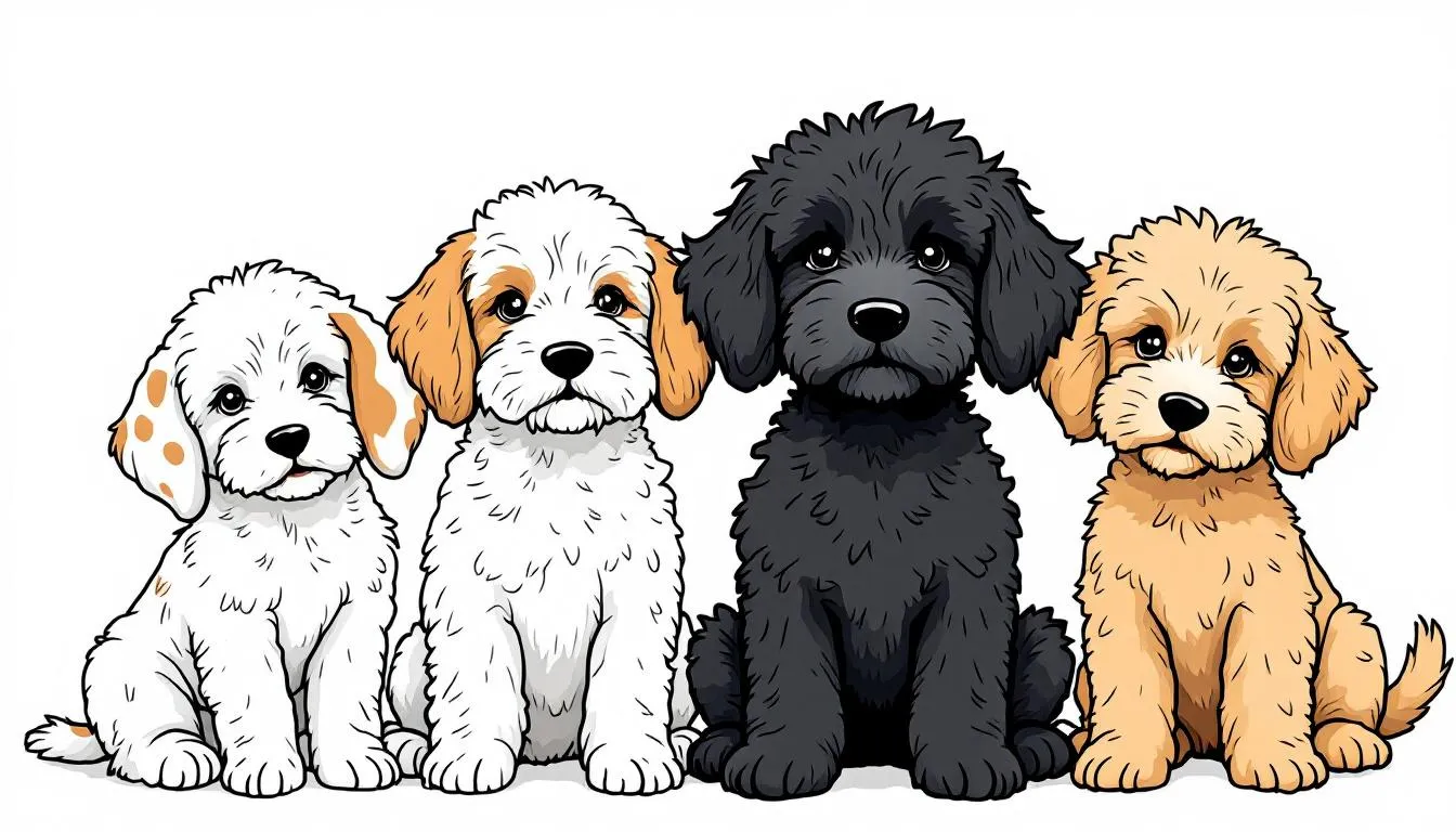 In the image, various doodle breed puppies are showcased, displaying a range of coat types and colors, including curly and wavy textures. These adorable puppies, known for being hypoallergenic dogs, are perfect for allergy sufferers as they produce fewer allergens and require regular grooming to maintain their soft coats.