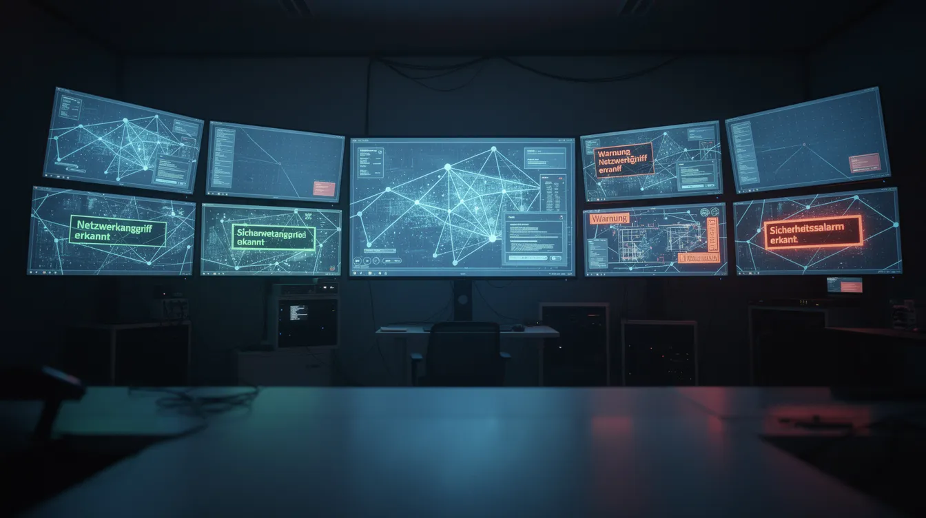 In einem dunklen Raum leuchten mehrere Bildschirme, die komplexe Netzwerkdiagramme und Warnmeldungen anzeigen, die auf potenzielle Sicherheitsverletzungen hinweisen. Diese visuelle Darstellung ist entscheidend für die IT-Sicherheit und das Management von Cyberangriffen in Unternehmen.