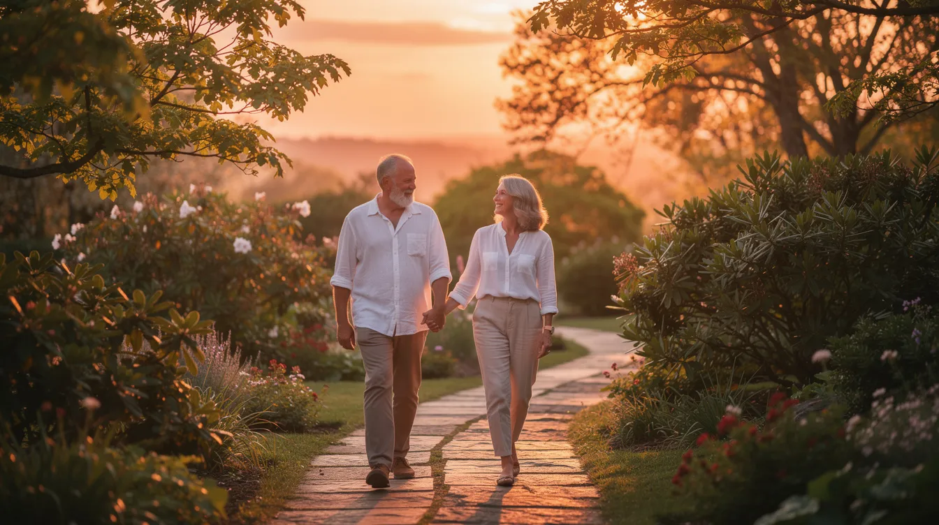 An elderly couple in their early 60s strolls hand-in-hand along a serene garden path, surrounded by lush greenery as the sun sets, casting a warm glow over the scene. The peaceful atmosphere reflects their engagement with nature and each other, enhancing their shared experience in this tranquil space.