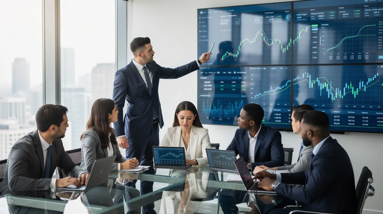 The image depicts a group of financial professionals collaborating in a modern office, intently reviewing data displayed on large digital screens. This scene highlights the use of sophisticated wealth management tools and digital wealth management solutions as they work together to enhance client relationships and financial planning strategies.