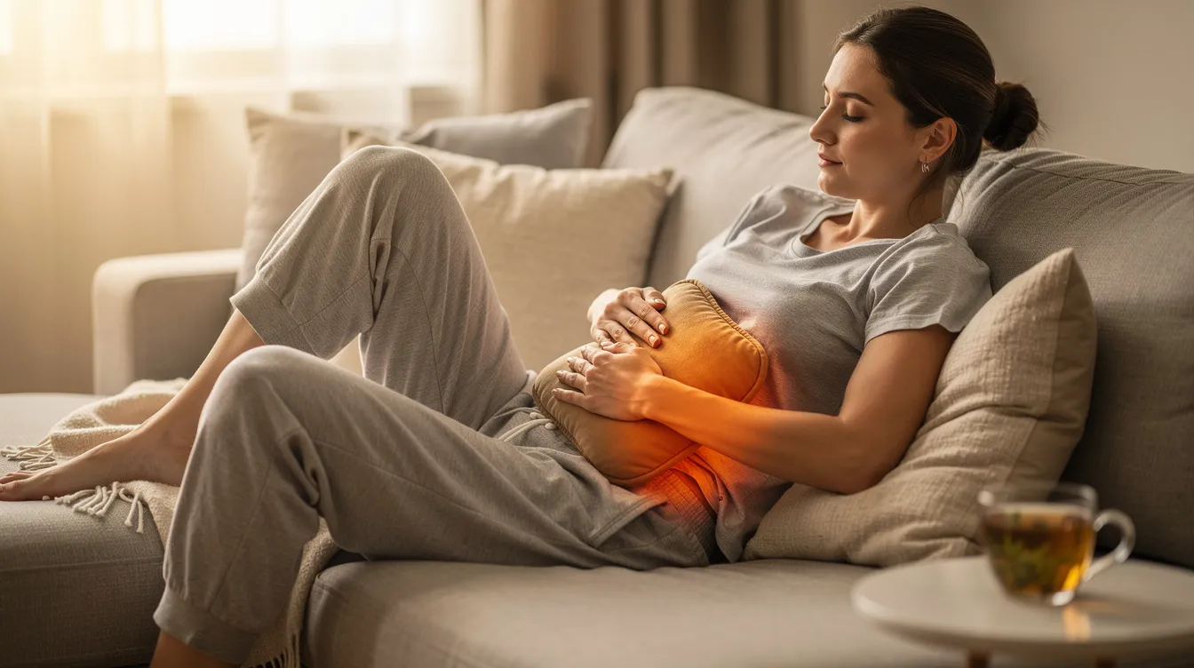 A person is comfortably relaxing on a couch with a warm compress placed over their lower abdomen, seeking relief from discomfort associated with uterine fibroids. This holistic approach may include using castor oil packs to help alleviate symptoms like menstrual cramps and heavy bleeding.
