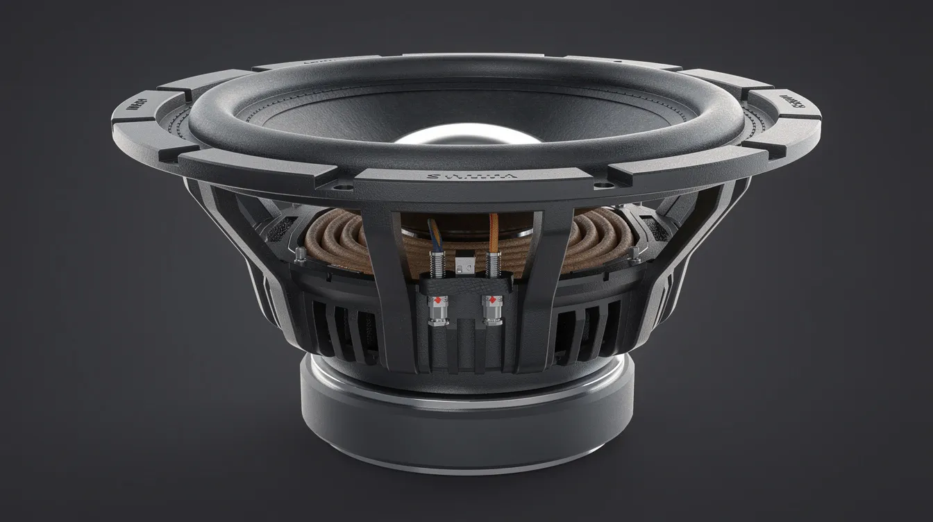 The image features a large Sundown Audio subwoofer showcasing its heavy-duty cast basket and visible motor structure, including an extended pole piece and solid pole. This high-performance subwoofer is designed for powerful sound output, making it an ideal component for a custom car audio system.