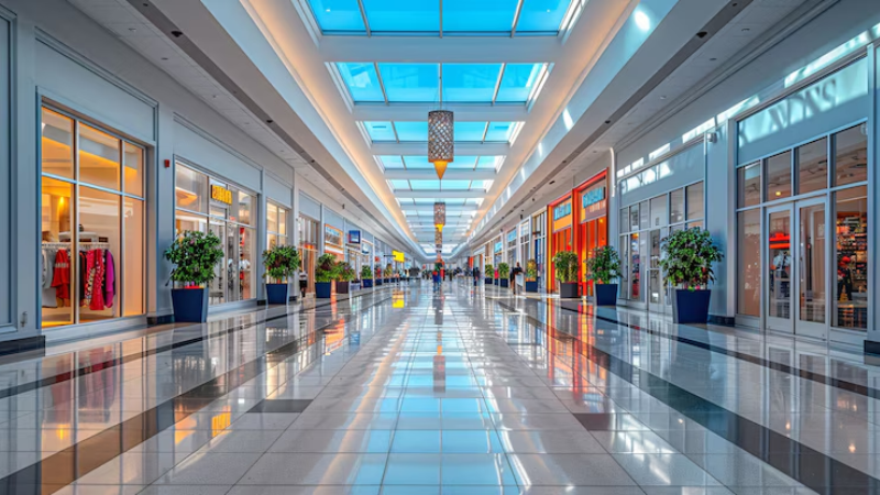A well lit shopping mall with adaptable lighting that improves focus