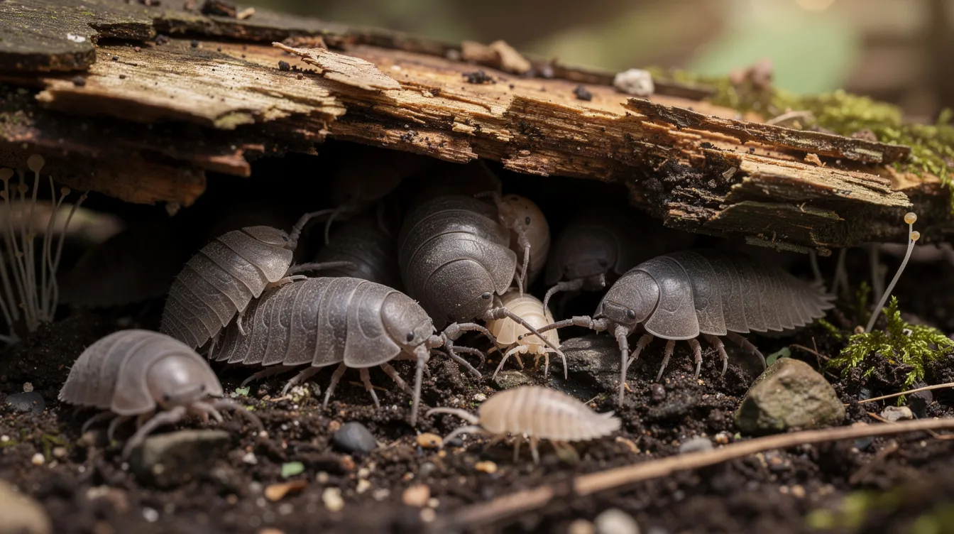 A group of woodlice, including various species such as the common rough woodlouse and common pygmy woodlouse, are gathered under a piece of rotting bark, showcasing their flattened bodies and pairs of legs in a damp habitat. These small crustaceans, part of the isopod group, often seek shelter in dark places like leaf litter and compost heaps.
