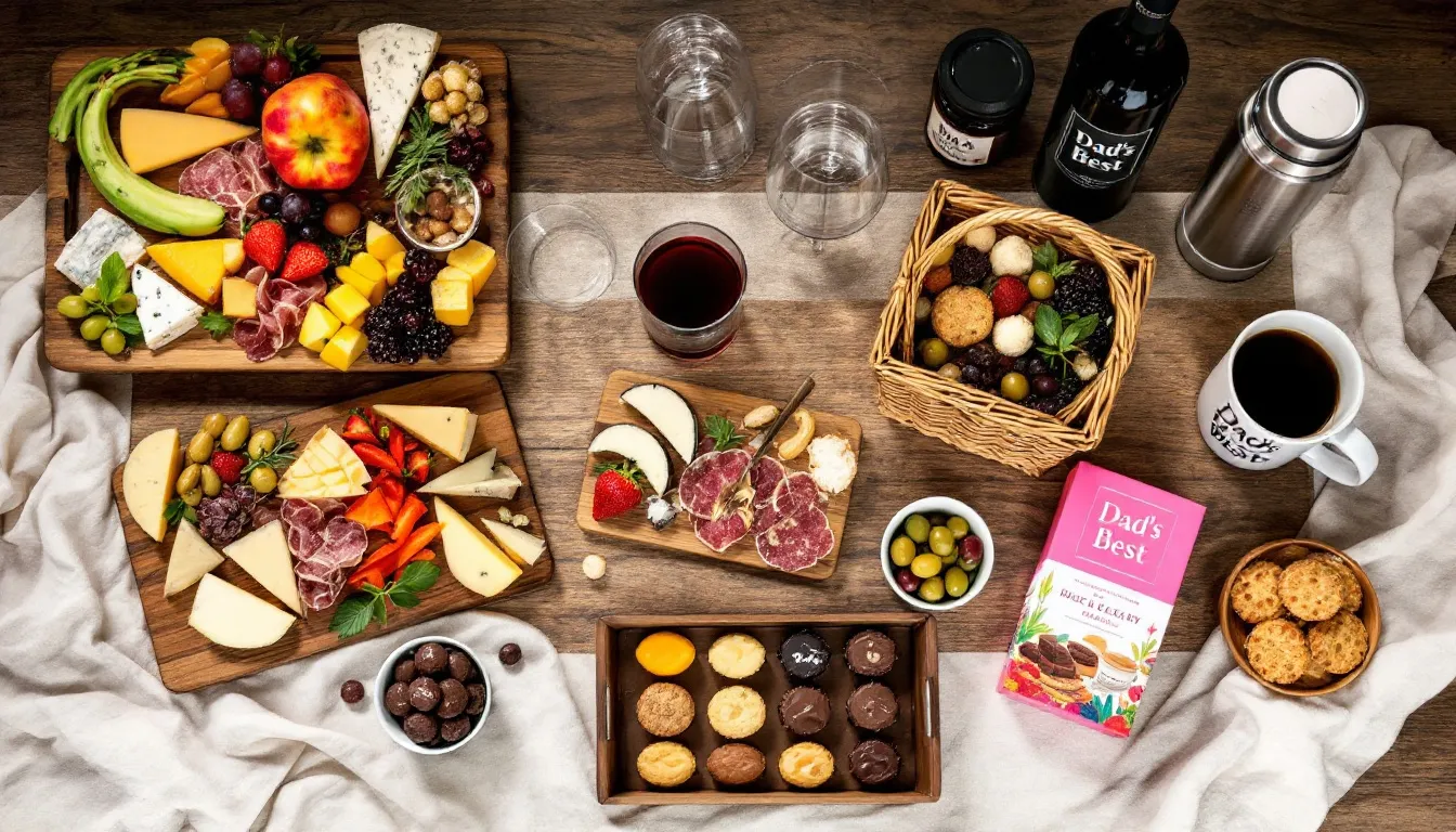 The image features an enticing assortment of gourmet treats and beverages, ideal for thoughtful gifts for dads, showcasing a variety of snacks and drinks that make perfect gifts for Father's Day or any special occasion. This delightful gift set highlights unique flavors and styles, perfect for the foodie dad or those who appreciate the finer things in life.