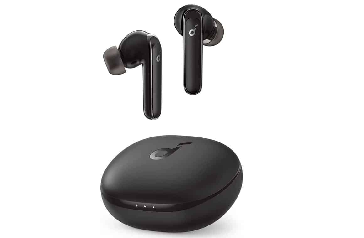 Anker Soundcore Life P3 true wireless earbuds sitting outside of their protective black case, featuring a comfortable and secure in-ear design with customizable ear tips and an impressive battery life.