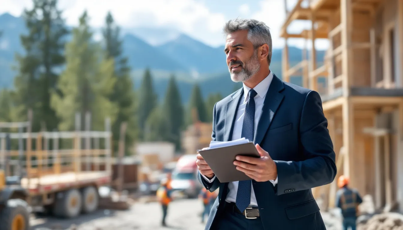 An experienced workers compensation attorney is seen investigating a construction worksite, with the scenic backdrop of Colorado mountains. The attorney appears focused on ensuring that injured workers receive the maximum benefits from their workers compensation claims.