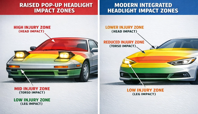 Pedestrian safety comparison between pop-up headlights and modern integrated headlights