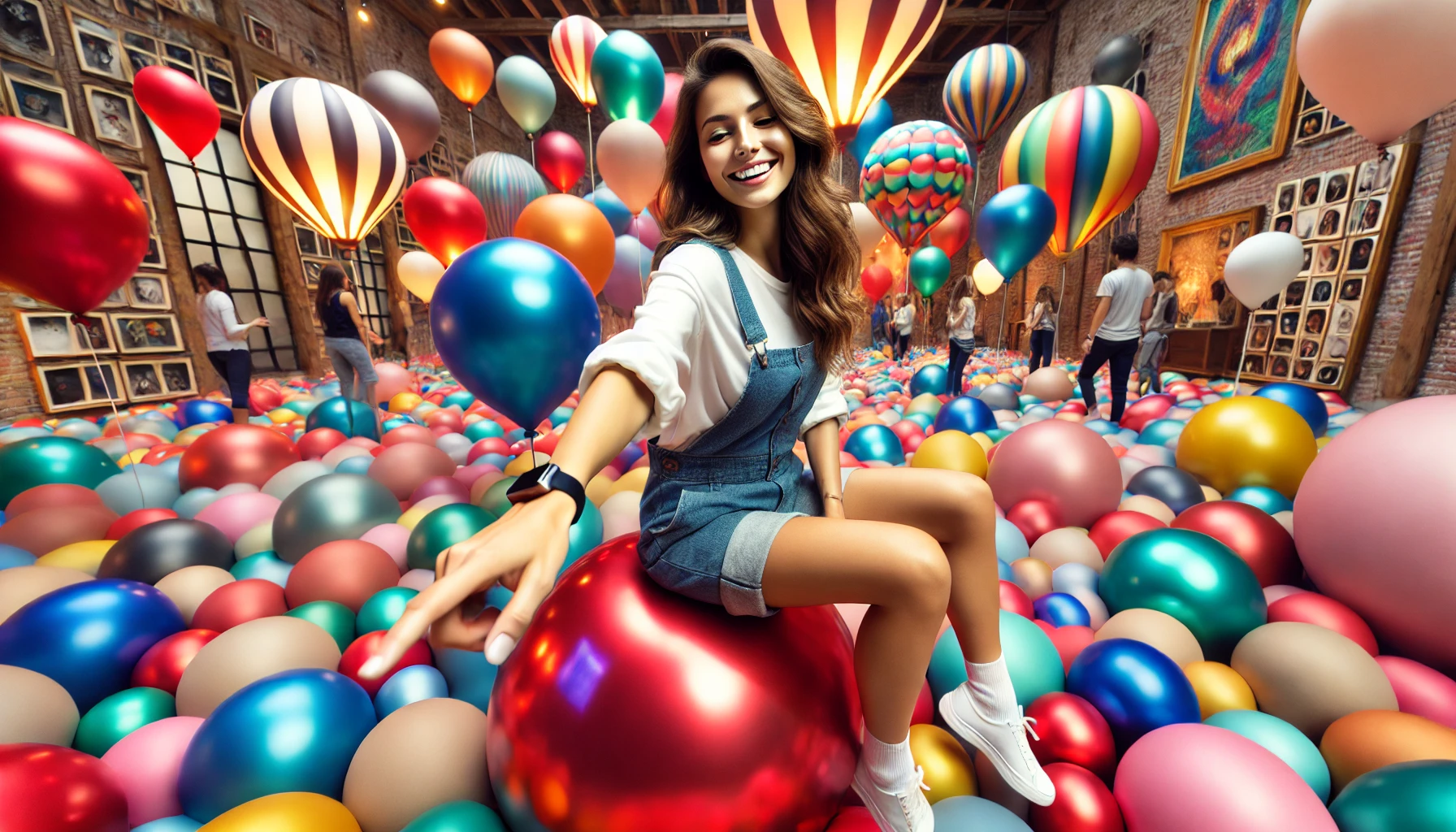 a woman sitting on a large, colorful balloon.