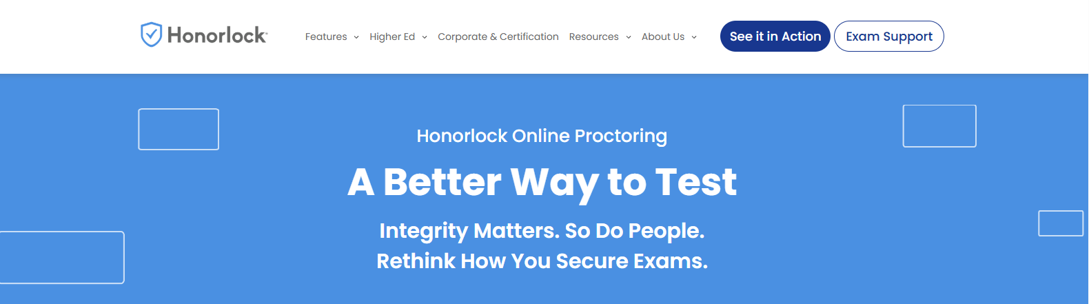 Honorlock homepage highlighting AI-powered online proctoring software with secure remote exam monitoring, identity verification, and academic integrity for online assessments.