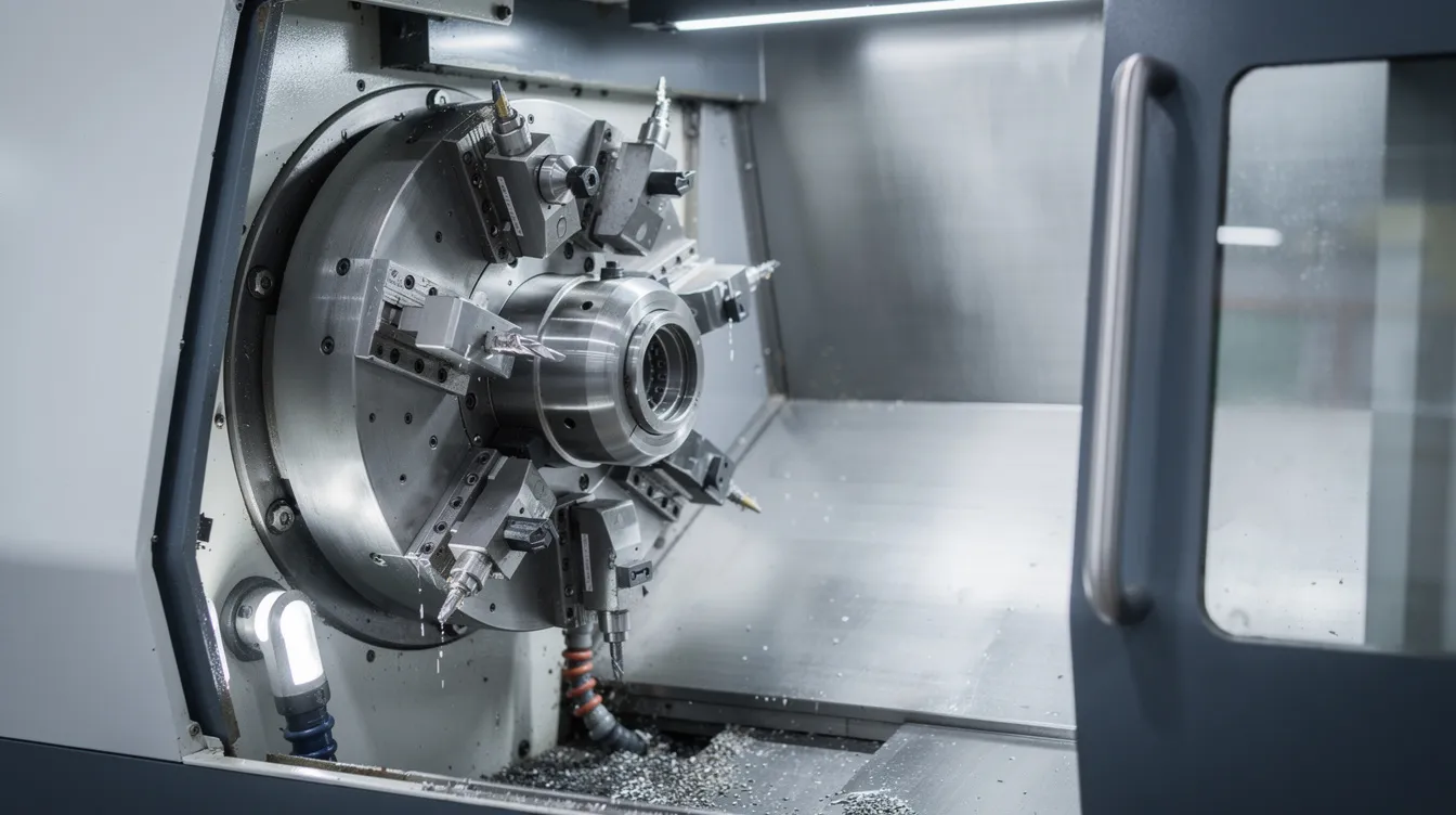 The image shows a close-up view of a multi-axis CNC turning center, featuring a tool turret and live tooling inside its enclosure. This CNC lathe machine is designed for high precision machining processes, allowing for complex parts and intricate geometries to be produced efficiently.