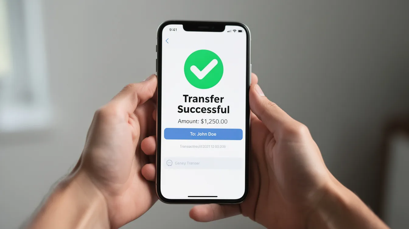 A pair of hands is holding a smartphone displaying a money transfer confirmation screen featuring a green checkmark, indicating a successful transaction. This image represents the convenience of using online banking services, such as Bandhan Bank's international money transfer, to send money securely to a beneficiary's account.