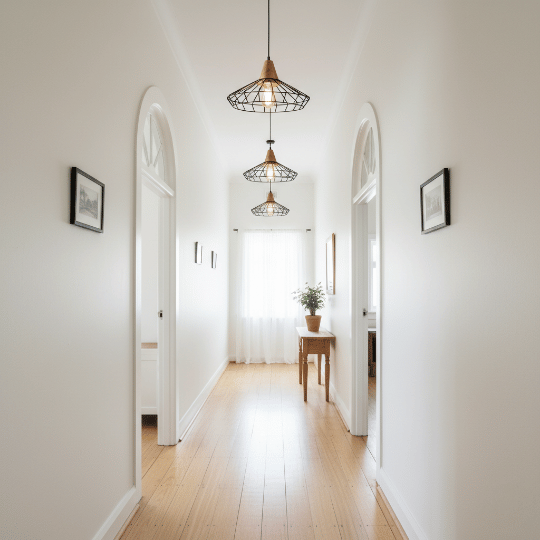 Wire cage pendant lights keeping a narrow hallway visually open.