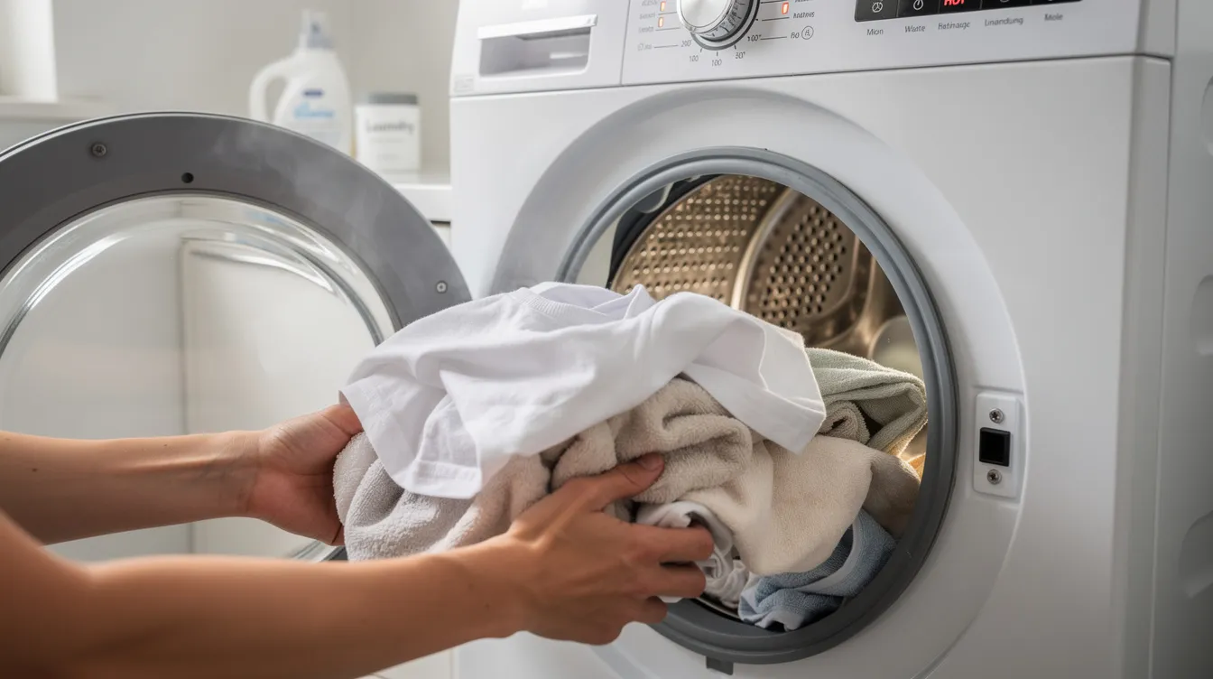 The image shows clothes being loaded into a washing machine, where they will undergo hot water treatment to help kill bedbugs and control any potential bed bug infestation. This method is essential for ensuring that bedbugs, which can hide in clothing and other fabrics, are effectively eliminated.