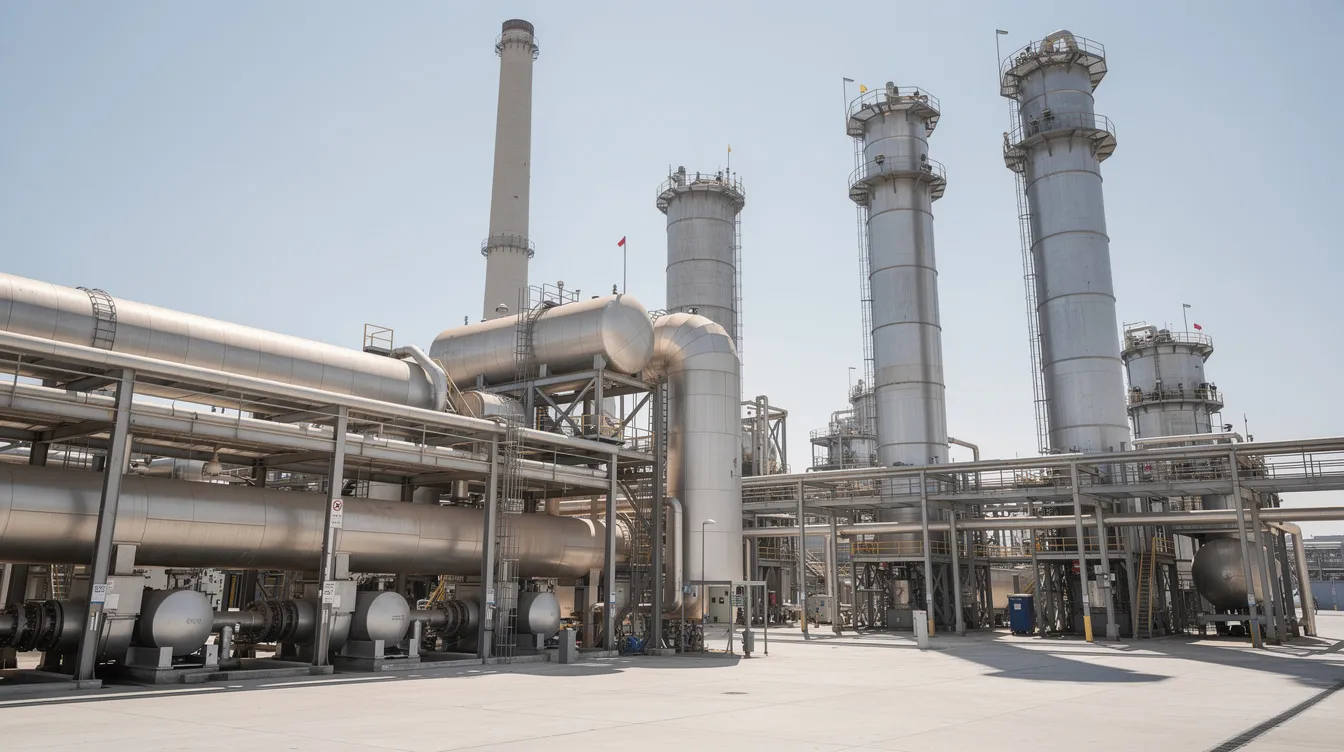f69027d8 3ad1 4fd2 99b7 11c62e429a8e The image depicts a wide-angle view of an industrial ethanol plant, featuring tall steel columns, large storage tanks, and a prominent chimney, all set against a clear blue sky. This setup is indicative of the grain-based ethanol production process, highlighting the infrastructure essential for alcohol production and biofuels.