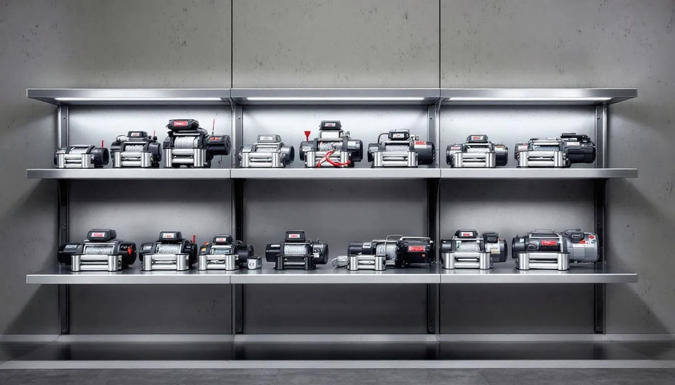 Various top models of hydraulic 4WD winches displayed in a showroom.
