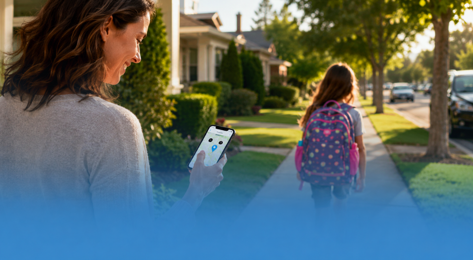 Parent tracking child's real-time GPS location on phone while child walks home from school safely