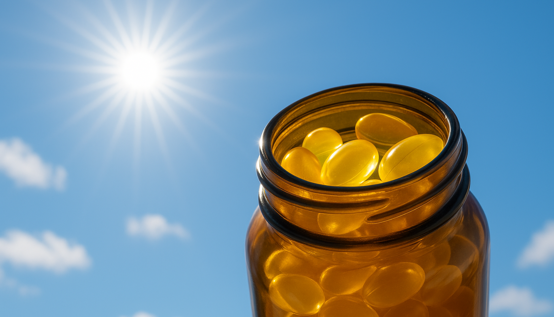 Sollys og vitamin D-kapsler i glassflaske, illustrerer kroppens behov for solskinnsvitaminet for helse og velvære."