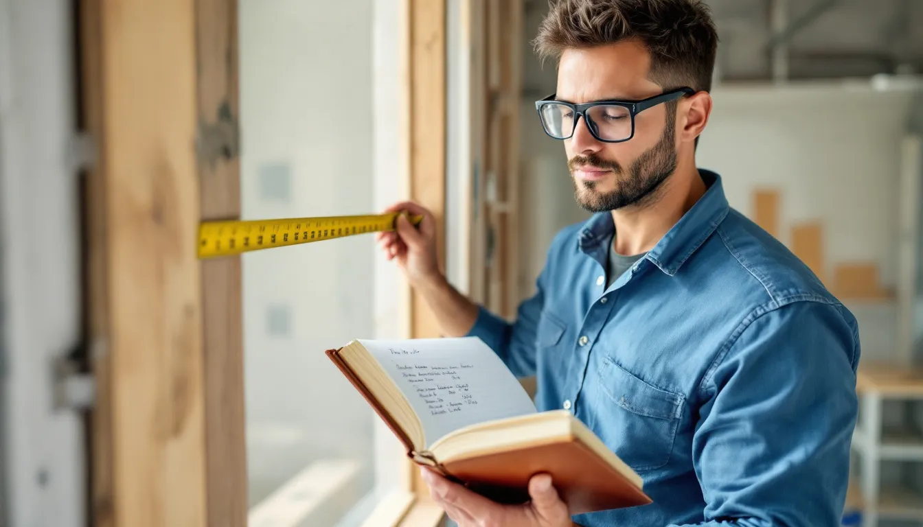 Een persoon is bezig met het nauwkeurig inmeten van een kozijnopening, terwijl hij de afmetingen documenteert in een notitieboek. De focus ligt op het controleren van de buitenwerkse maatvoering en het noteren van eventuele maatverschillen voor een goede voorbereiding op de montage van nieuwe kunststof kozijnen.