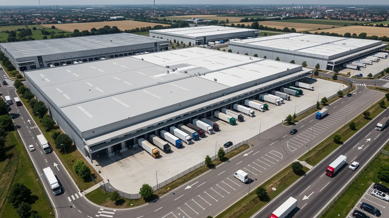 An aerial view captures a modern industrial warehouse complex in Pomona, Kempton Park, featuring multiple loading bays with trucks parked for logistics operations. This strategic location offers quick and easy access to Tambo International Airport, making it an ideal hub for businesses in light manufacturing and distribution.