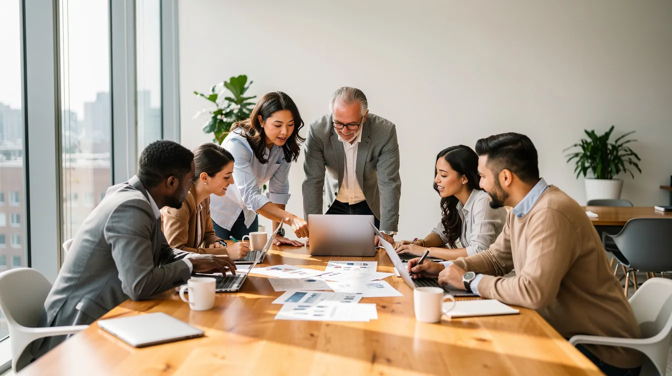 Een diverse groep professionals werkt samen rond een tafel in een heldere, moderne werkruimte, waarbij ze ideeën uitwisselen en verantwoordelijkheden delen. Deze samenwerking benadrukt de essentie van succesvol leiderschap en de focus op duidelijke doelen en duurzame groei.
