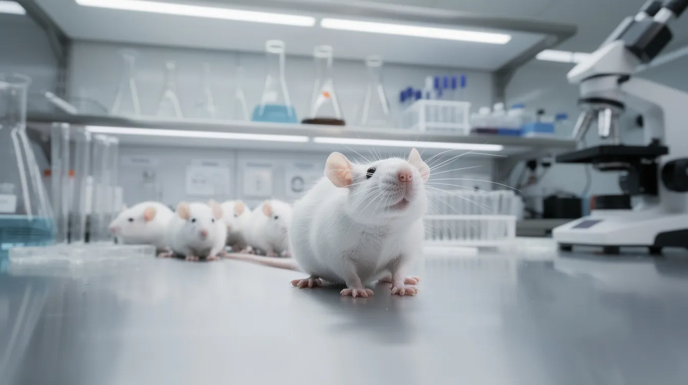 The image shows laboratory mice in a research facility surrounded by various scientific equipment, highlighting their role as mouse models in cancer research. These mice are often used to study the effectiveness of cancer therapies and the health benefits of supplements like nicotinamide riboside in combating aging and supporting DNA repair.