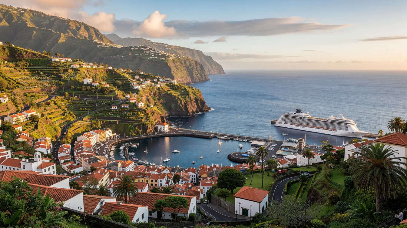 A imagem mostra uma vista panorâmica da cidade do Funchal, na ilha da Madeira, destacando suas montanhas verdejantes e o oceano Atlântico ao fundo. É possível ver as piscinas naturais e a vegetação exuberante que compõem o patrimônio natural da humanidade desta região portuguesa.