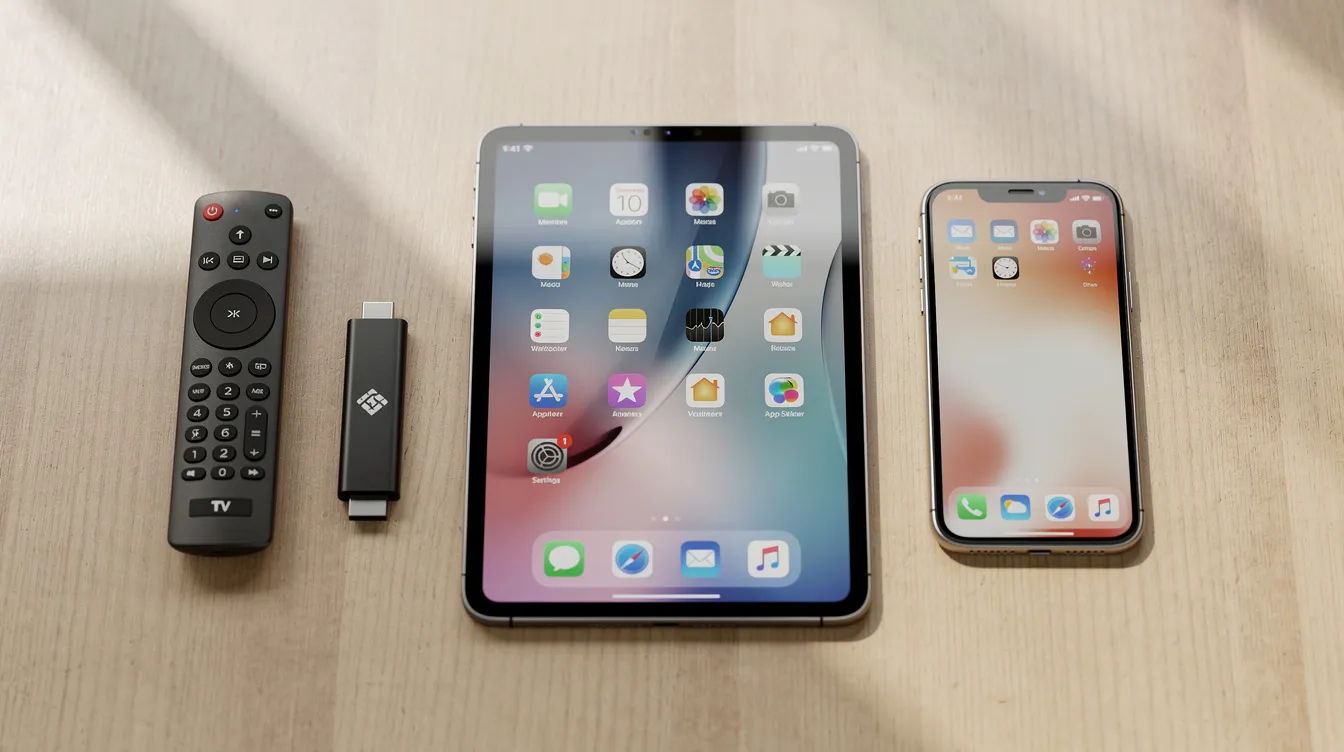The image shows a variety of electronic devices on a table, including a smart TV remote, a tablet, a smartphone, and a streaming stick, highlighting their compatibility with IPTV services and the convenience of managing subscriptions for an IPTV reseller business. This arrangement emphasizes the importance of device compatibility in providing smooth streaming and customer satisfaction.