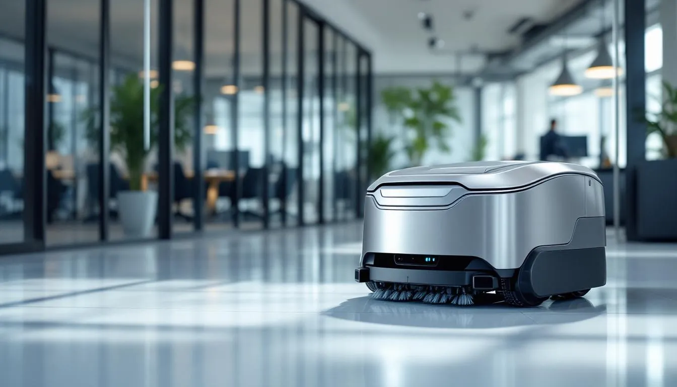 The image showcases a modern autonomous cleaning robot operating in a public space, such as a shopping mall or train station, efficiently navigating around obstacles while performing tasks like vacuuming and scrubbing. These autonomous machines are designed to enhance cleaning operations, ensuring consistently high cleaning quality in complex environments.