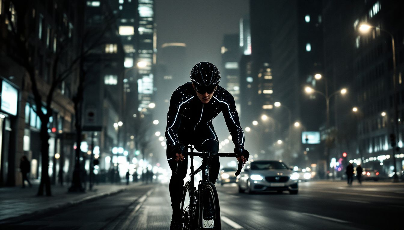 A cyclist wearing reflective clothing while riding in a bike lane, promoting pedestrian safety.