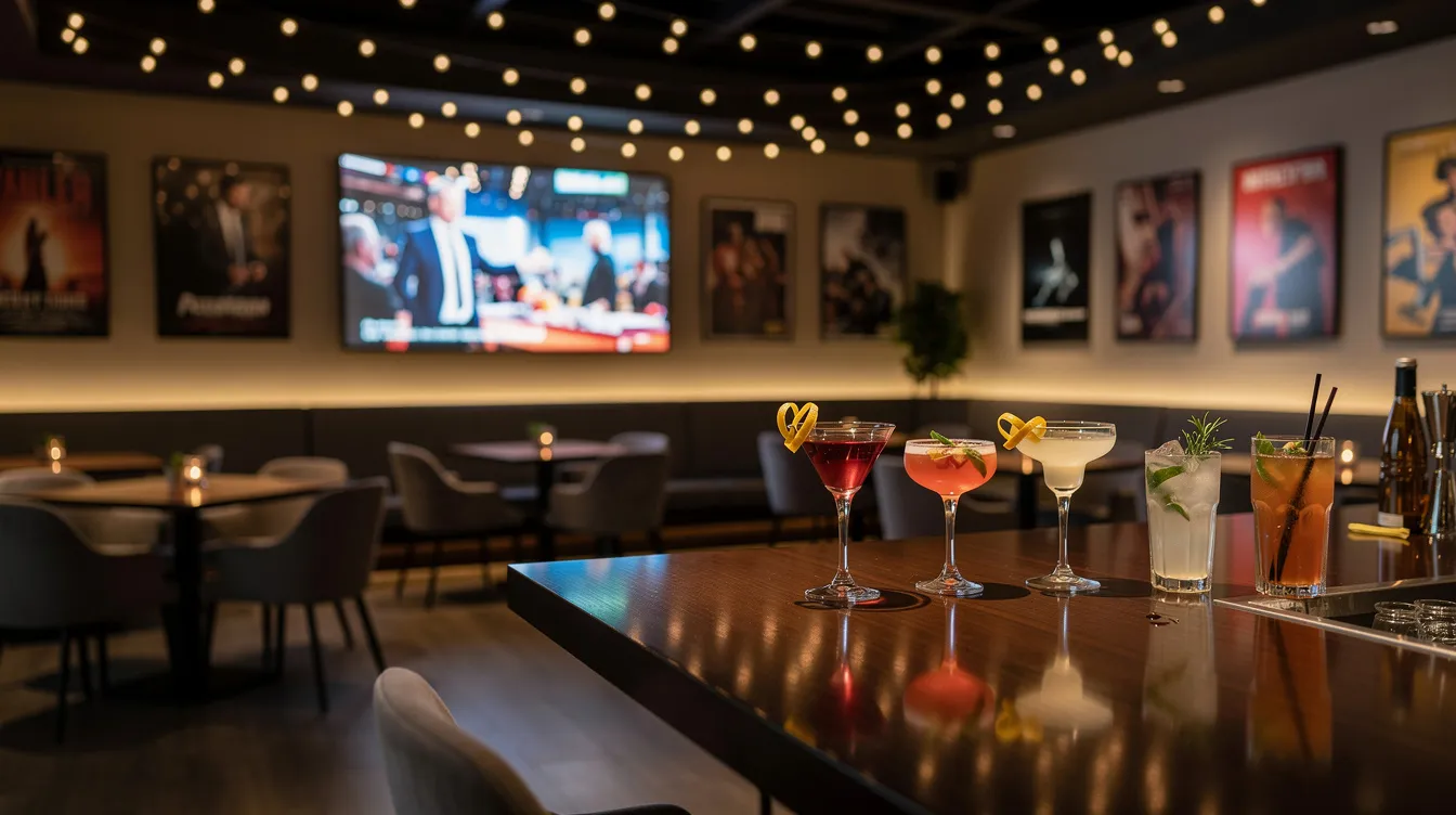 The image depicts a stylish restaurant interior, elegantly decorated for a viewing party themed around entertainment, featuring a well-stocked bar with colorful cocktails and a large screen in the background, perfect for watching performances from the latest series of "Strictly Come Dancing." The ambiance is lively, inviting guests to enjoy the grand final with friends while supporting their favorite professional dancers and hosts.