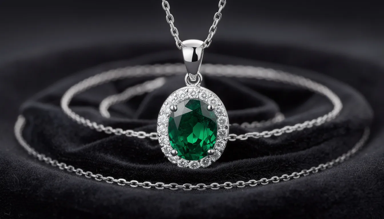 An elegant emerald pendant necklace, surrounded by sparkling diamonds, is displayed on a dark velvet background, showcasing its timeless beauty and allure. This exquisite piece of emerald jewellery is perfect for special occasions and reflects a personal style that embodies sophistication and emotional balance.