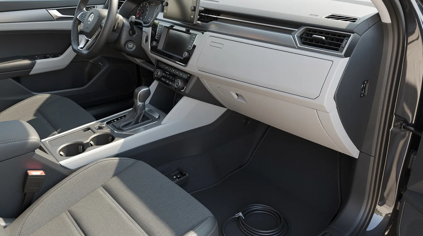 The image shows the interior of a car from the passenger side, highlighting the glove box, center console, and under-seat area. This view could be relevant for discussions about North Carolina's firearm laws, particularly regarding the storage of a concealed handgun in a locked glove box for permit holders.