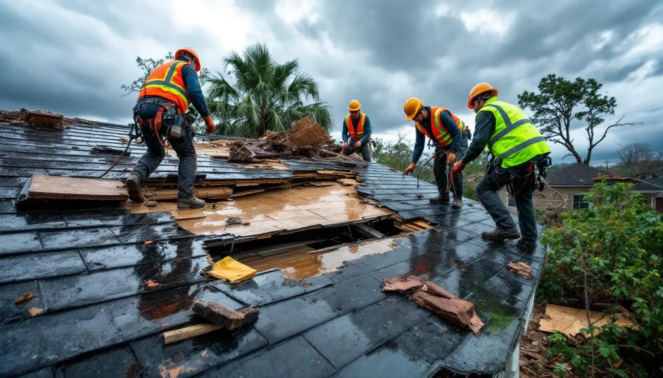 Une équipe d'intervention d'urgence sécurise une toiture après une tempête à Sainte Pazanne, utilisant des équipements professionnels pour garantir la sécurité des lieux. Les couvreurs s'affairent à la réparation de toiture, démontrant leur savoir-faire et leur expertise dans le domaine de la couverture.