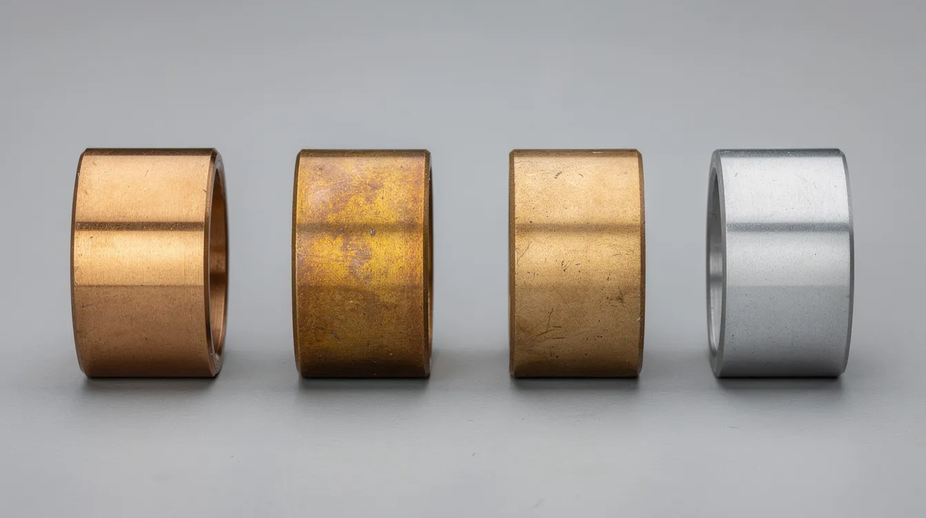 The image features polished bronze and zinc aluminum bearing bushings displayed side by side, showcasing their distinct metallic colors and varying surface textures. The comparison highlights the physical properties and corrosion resistance of zinc aluminum alloys, emphasizing their suitability for mechanical applications.