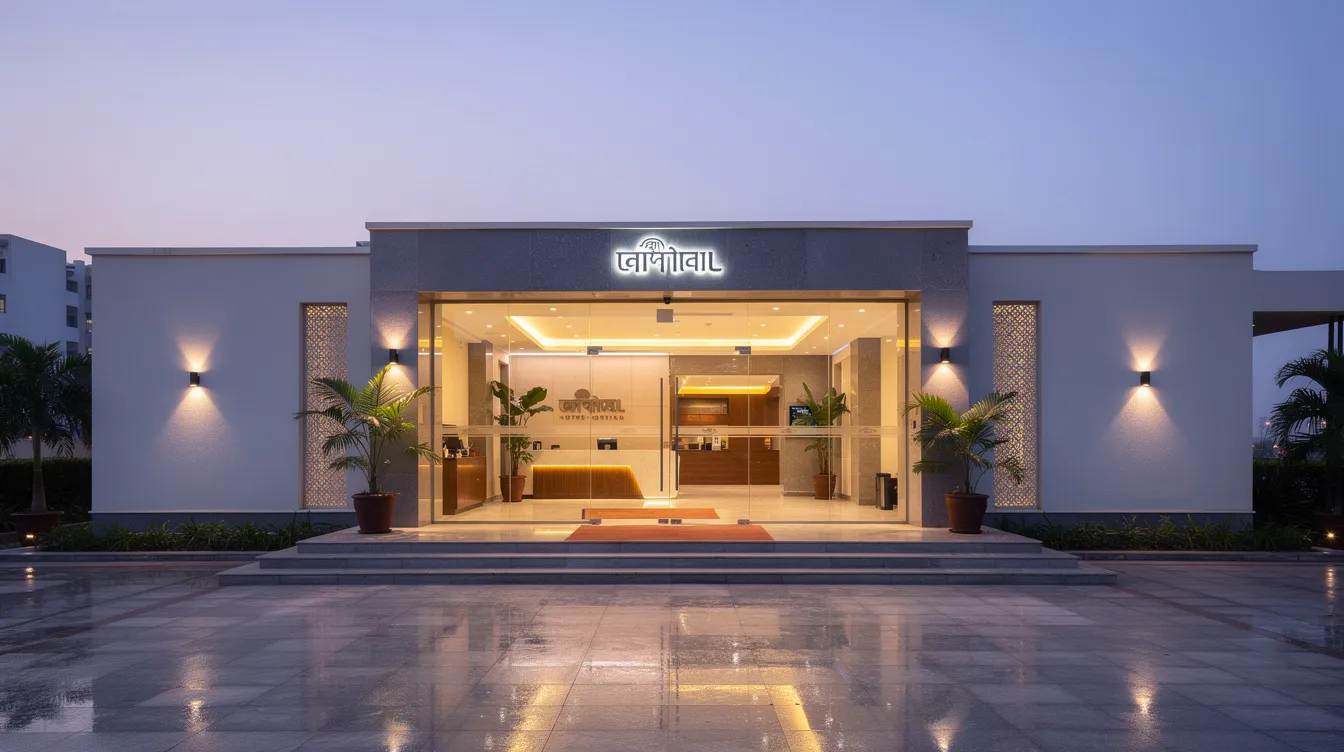 f6a7671d 1058 4f34 a724 61854ab390d2 The image shows the entrance of a modern Indian hotel at dusk, illuminated by warm interior lighting visible through glass doors, inviting hotel guests inside. This setting reflects the hospitality industry’s focus on enhancing guest satisfaction and maximizing the hotel's revenue through effective pricing strategies and revenue management solutions.
