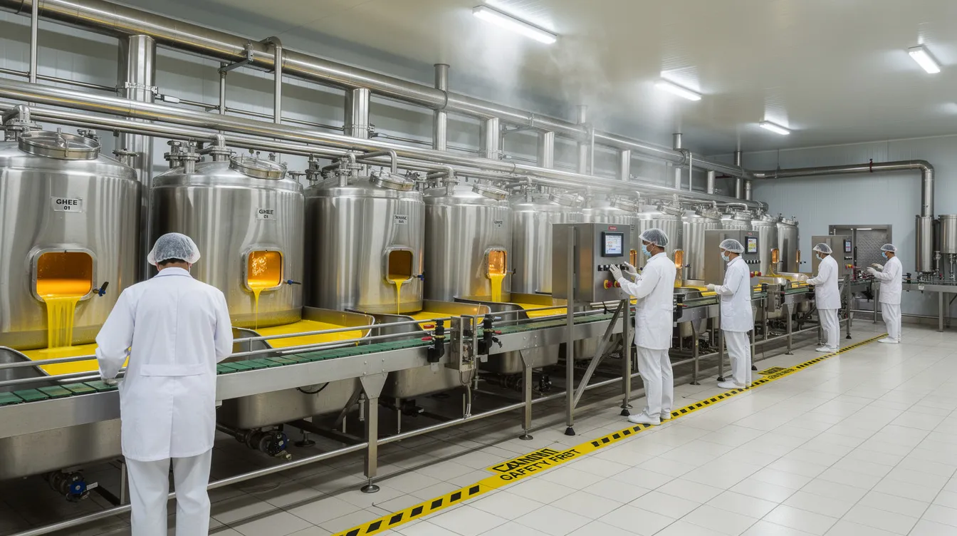 The image depicts an industrial ghee manufacturing plant where workers in white uniforms are actively engaged in the ghee manufacturing process, operating advanced stainless steel equipment. This scene illustrates the meticulous operations involved in the production of clarified butter, highlighting the importance of quality control and efficiency in the food processing industry.