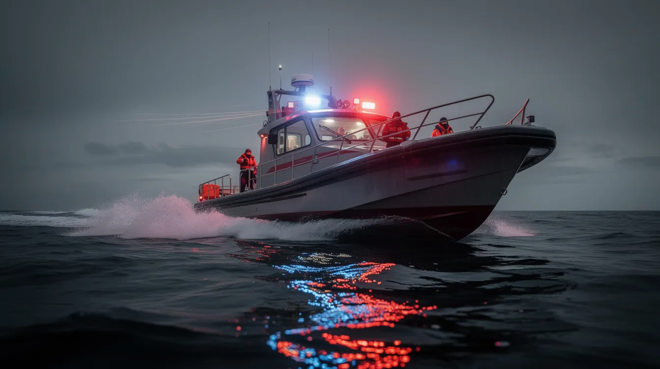 A rescue boat with emergency lights is navigating through open water, ready to assist in case of maritime accidents. This scene highlights the importance of having a skilled abogado de accidentes de barco en Houston for those involved in accidents de navegación.