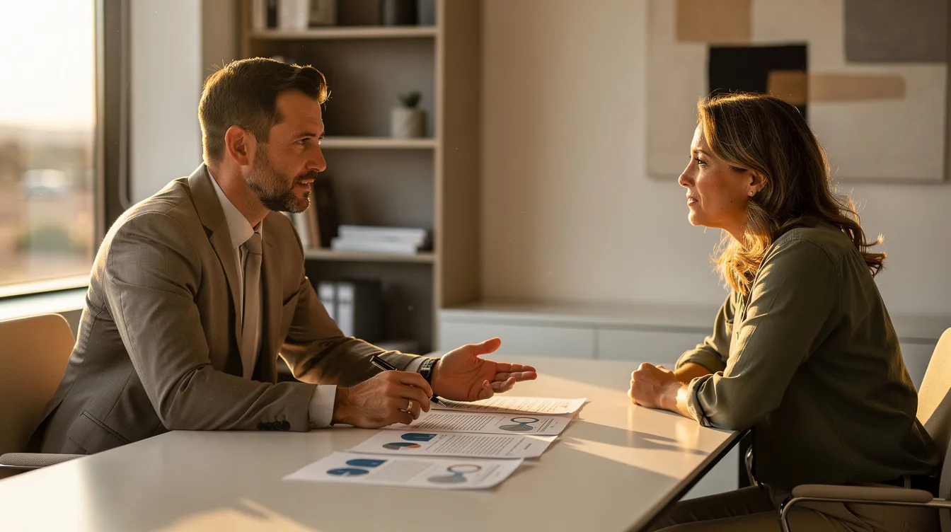 A personal injury attorney and a client are engaged in a professional discussion in a modern Phoenix office during golden hour, reviewing documents related to a car accident case. The warm sunlight highlights their focused expressions, conveying a sense of clarity and trust as they navigate the complexities of personal injury law.